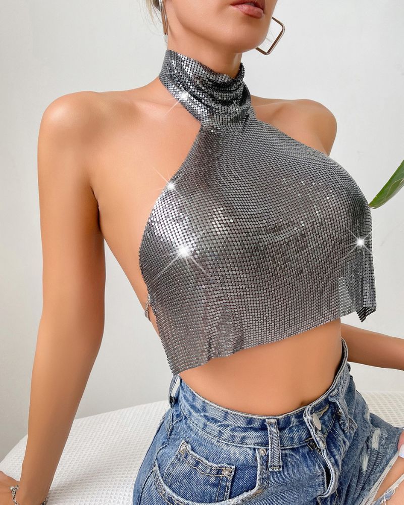 Metallic Sequined High Neck Top