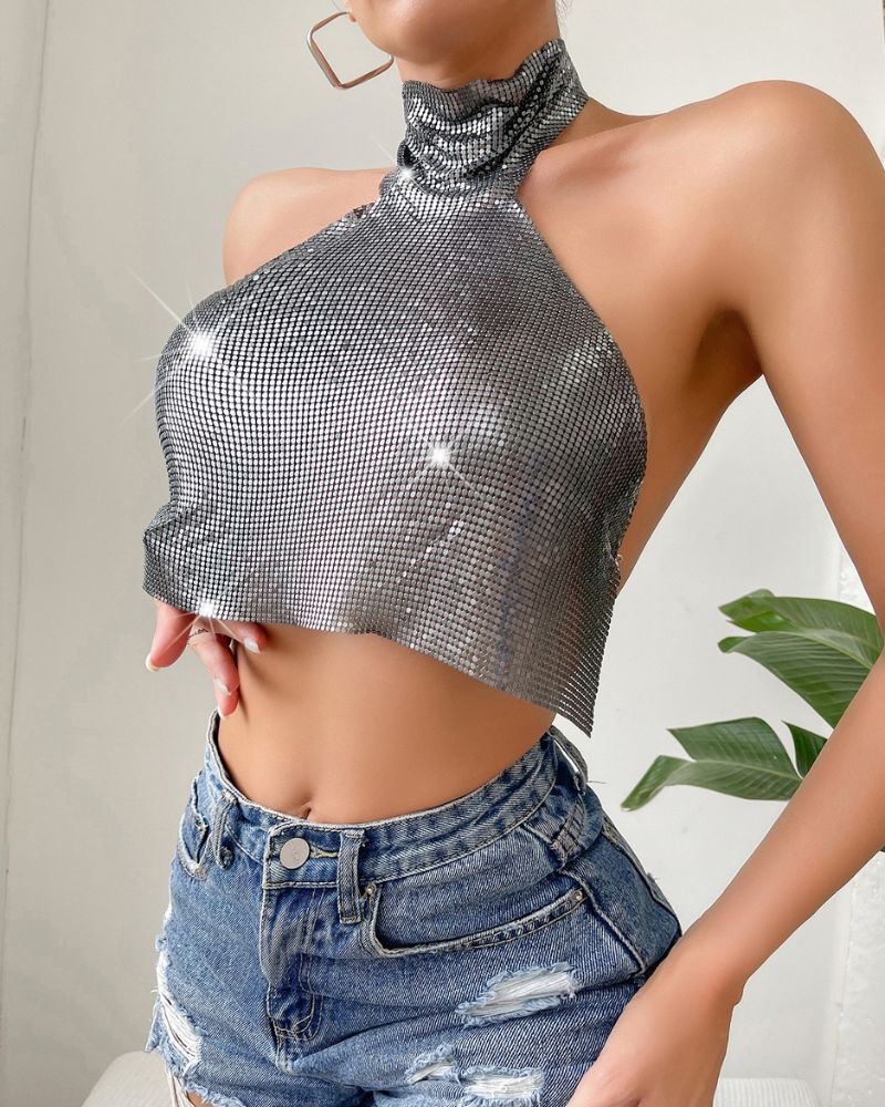 Metallic Sequined High Neck Top