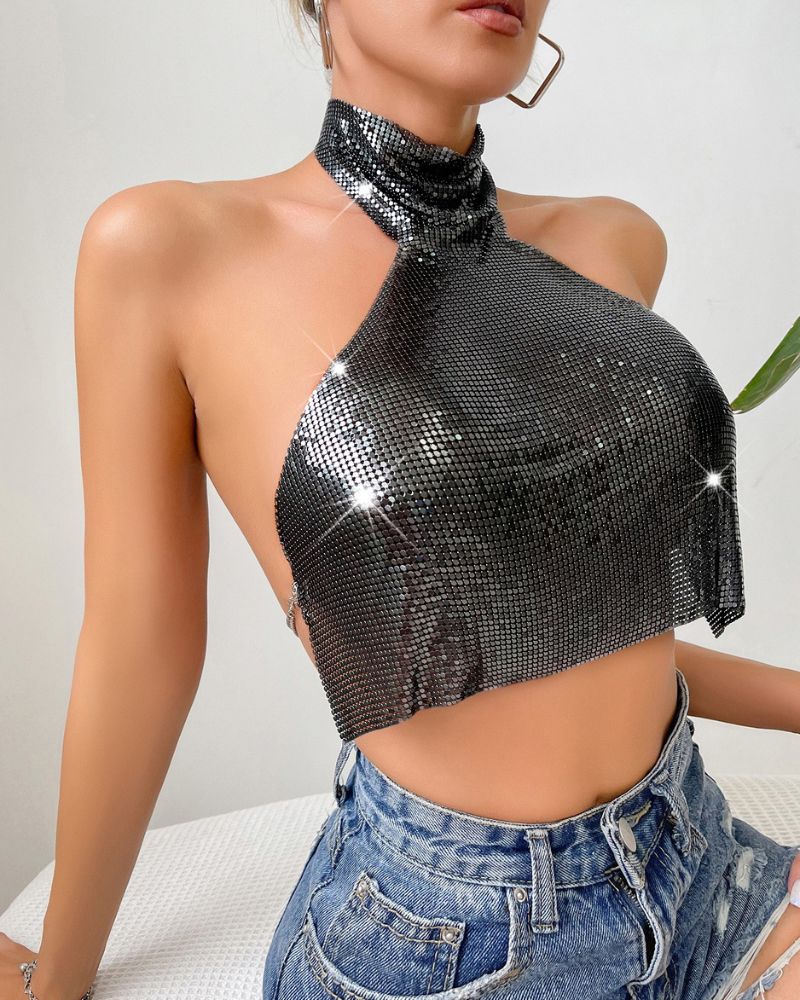 Metallic Sequined High Neck Top