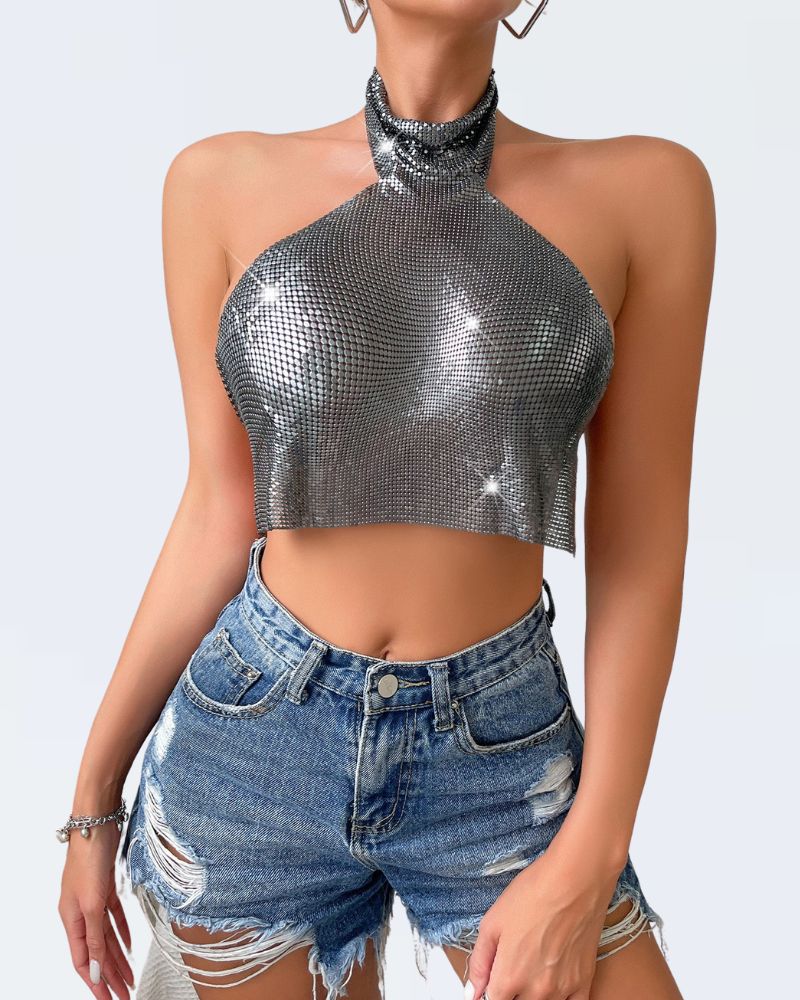 Metallic Sequined High Neck Top